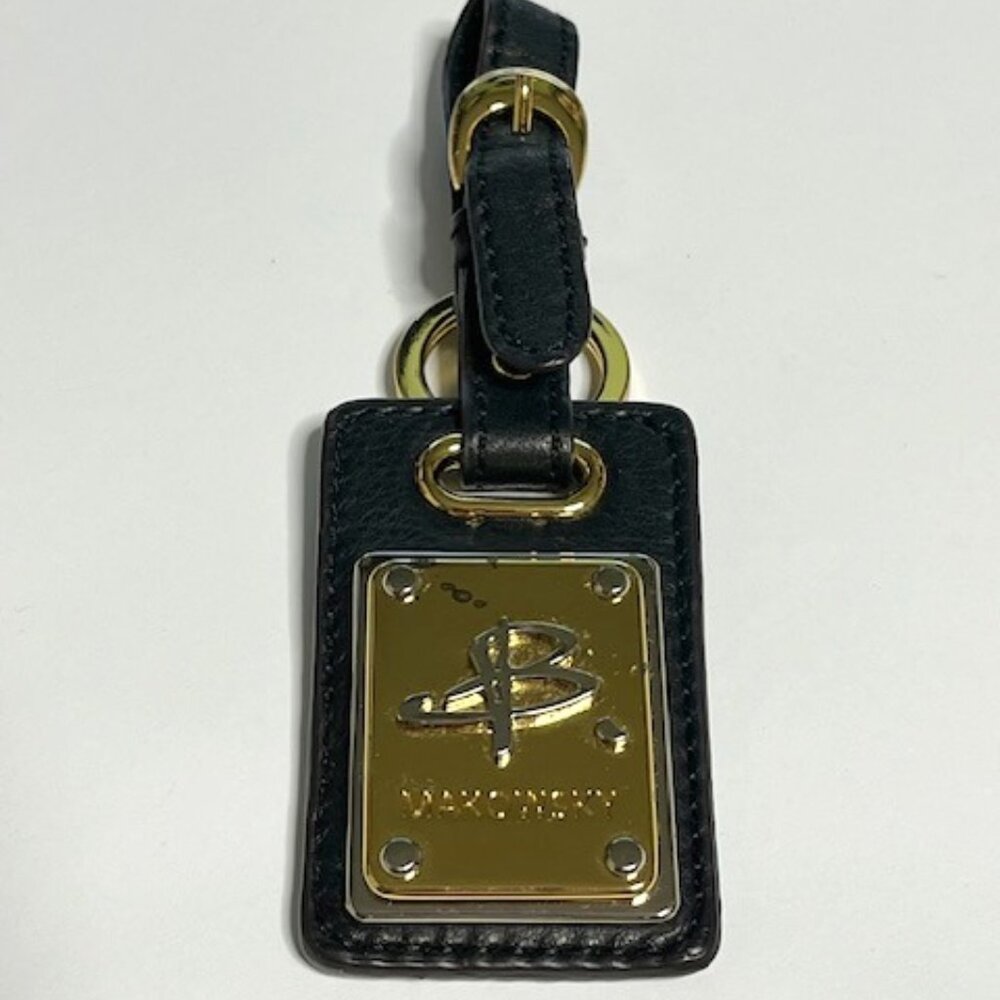 B. Makowsky Leather Black Buckle Luggage Tag Key Chain Gold Logo